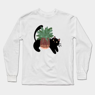 The Black Cat with its Plant | Cute Handmade Illustrations | By Atelier Serakara Long Sleeve T-Shirt